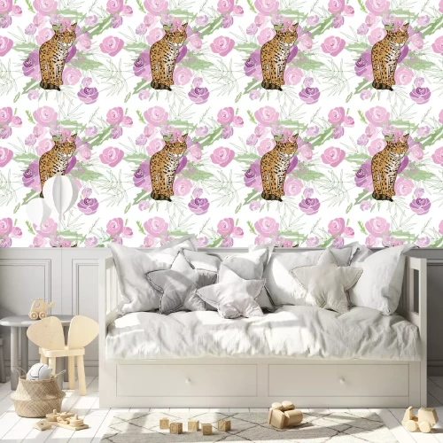 Tapete Retro-Stil Illustration mit Blumen und Tier