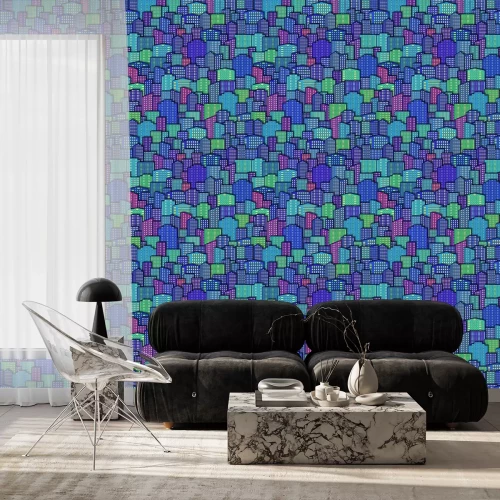 Tapete Horizontale nahtlose Landschaft, städtischer Hintergrund, Tagesstadt mit bunten Karikatur-Wolkenkratzern unter blauem Himmel. Vektor