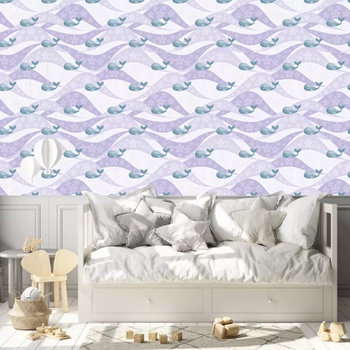 Tapete Wal und Sterne auf lila Wellen