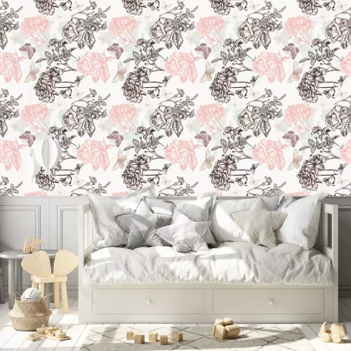 Tapete Schwarz-wei?e Rosen und Schmetterlinge Grafik