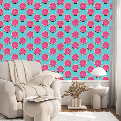 Tapete Rosa Grapefruits auf blauem Hintergrund