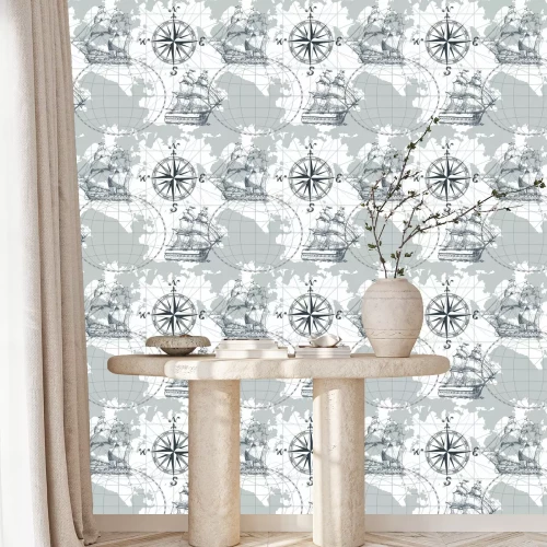 Tapete Übergeben Sie gezogene nahtlose Seekarte des Vektors mit Kompass und Segelschiff. Perfekt für Textilien, Tapeten und Drucke.