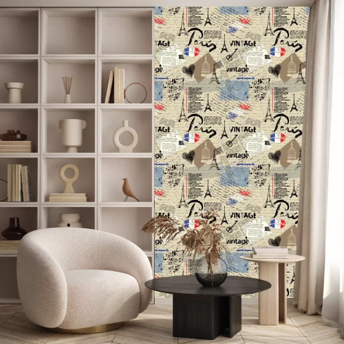 Tapete Nahtloses Hintergrundmuster. Nachahmung einer Weinleseeinklebebuchcollage mit einer Paris-Beschriftung.