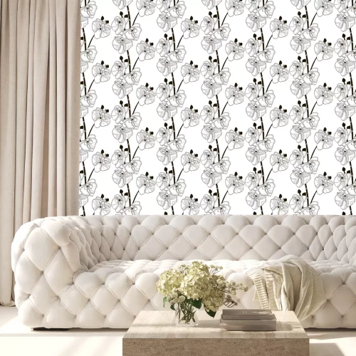 Tapete Vector schwarzes nahtloses Muster mit gezogenen Orchideen-Blumen