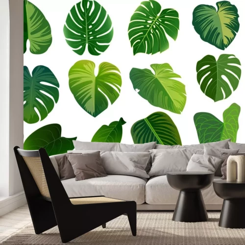 Sticker Sommer, Frühlingsblätter eingestellt. Grüne flache Ikone. Vektor, isoliert auf weiss