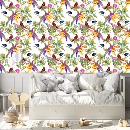 Tapete Gezeichnetes nahtloses Muster des Aquarells Hand mit schönen Blumen und bunten Vögeln auf weißem Hintergrund.