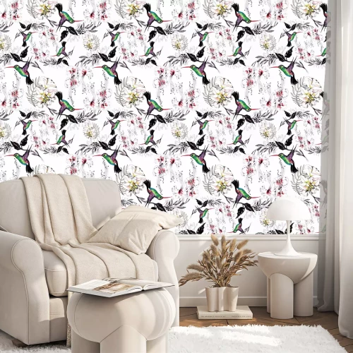 Tapete Gezeichnetes nahtloses Muster des Aquarells Hand mit schönen Blumen und bunten Vögeln auf weißem Hintergrund.