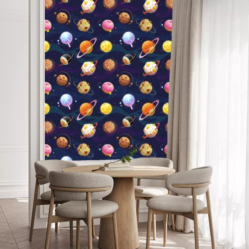 Tapete Nahtloses Muster mit Karikaturphantasie-Lebensmittelplaneten.