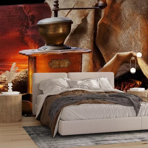 Fototapete Alte Kaffeemühle und Kaffeesäcke