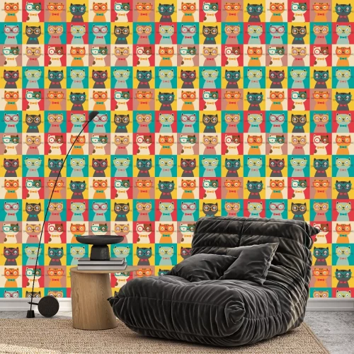 Tapete Bunte Katzen mit Brille und Fliege