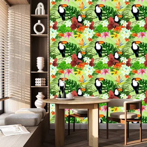 Tapete Nahtloses Muster mit tropischen Blumen und Vögeln