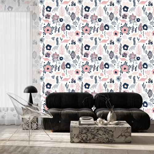 Tapete Vector nahtloses Muster mit fantastischen Blumen und Dinosauriern. Kann für Tapete, Webseitenhintergrund, Oberflächenbeschaffenheiten verwendet werden.