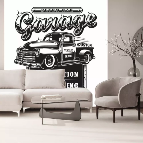 Sticker Retro- Autoreparatur-Garagenzeichen mit Retrostil-LKW. Kundenspezifischer Wiederherstellungsshop.