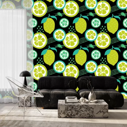 Tapete Zitronenscheiben auf schwarzem Hintergrund