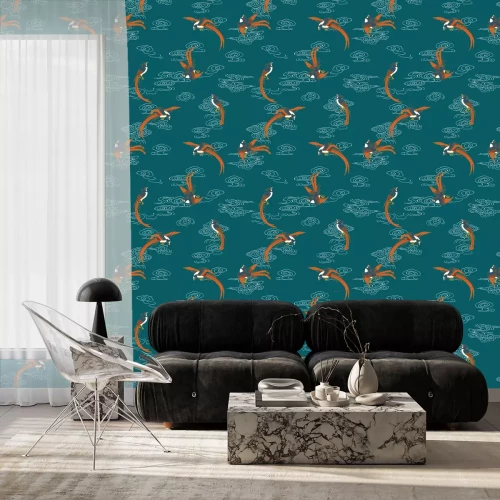 Tapete Türkisfarbenes Wasser und orangefarbene Vögel