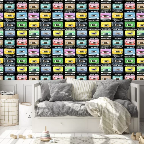 Tapete Aquarellmuster mit Retro Kassetten. Audiokassettenillustration.