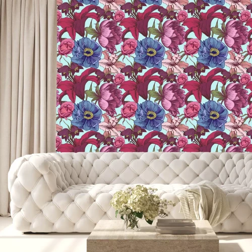 Tapete Pfingstrosen Vintage Lilien und Ringelblumen Grafik