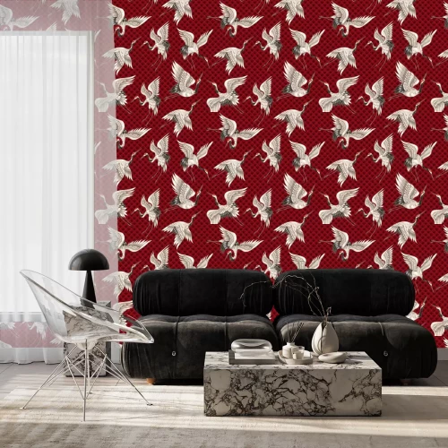 Tapete Kräne auf einem gemusterten roten Hintergrund