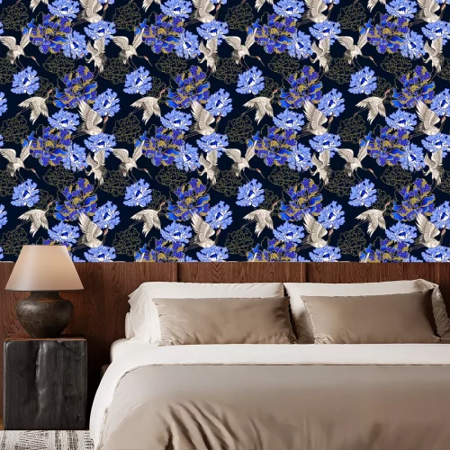 Tapete Orientalische blaue Vegetation und Kräne