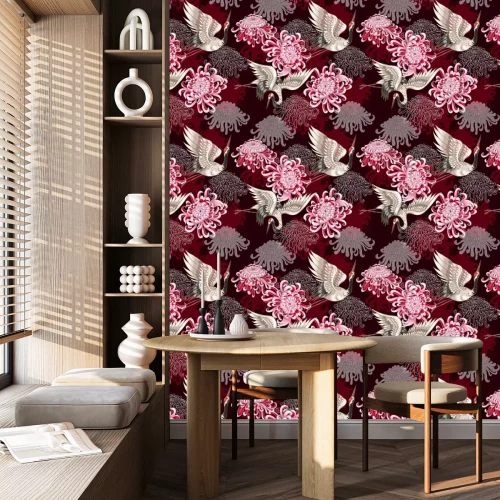 Tapete Rosa Blumen und Kraniche im orientalischen Stil