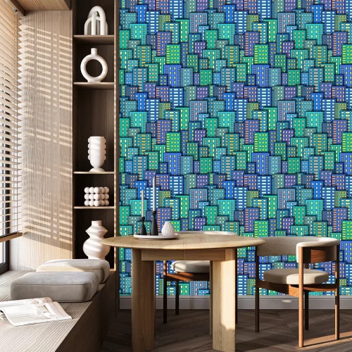 Tapete Nahtloser städtischer Hintergrund, abstrakte bunte Stadt, Wolkenkratzer mit glühendem Windows, Fliesen-Muster für Ihr Design. Eps10, enthält Transparentfolien. Vektor