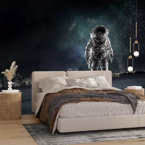 Sticker Astronaut vor dem Hintergrund der Weltraumstadt