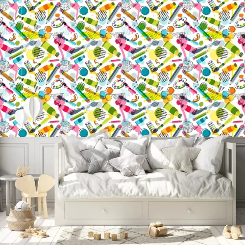 Tapete Schulmuster mit Malutensilien