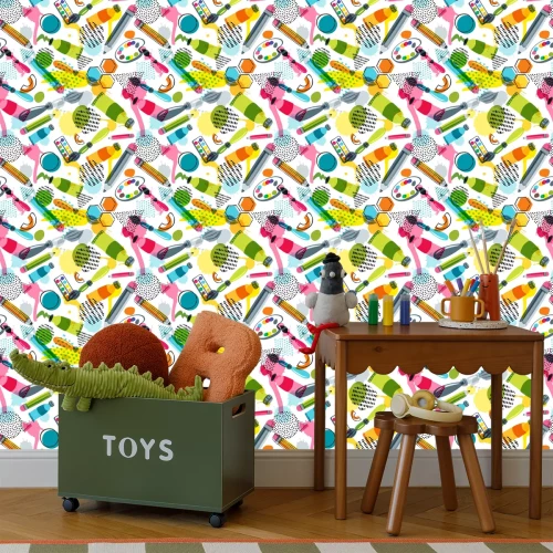 Tapete Schulmuster mit Malutensilien