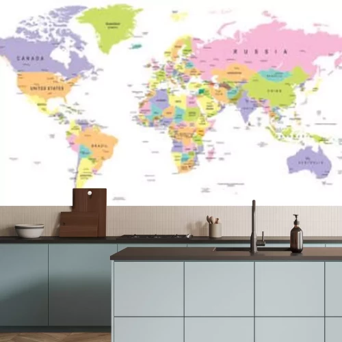 Fototapete Farbige Weltkarte - Grenzen, Länder und Städte - Illustration