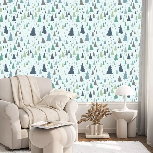 Tapete Weihnachtsnahtloses Muster mit Bäumen, Schneeflocken und Sternen