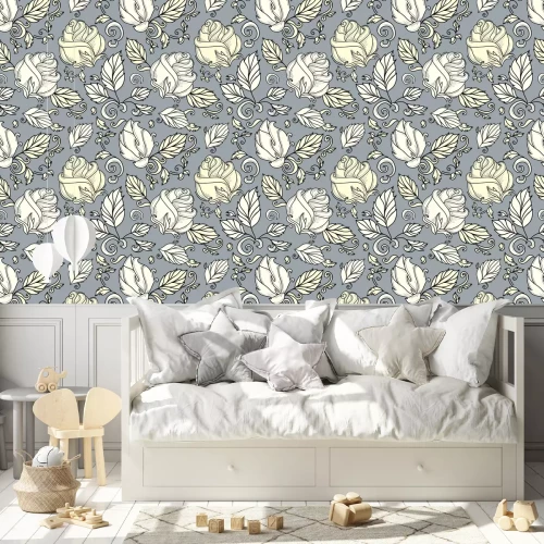 Tapete Rosenknospen und Bl?tter blauer Hintergrund