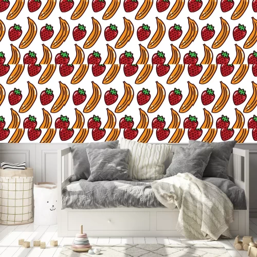 Tapete Bananen und Erdbeeren im Cartoon-Stil