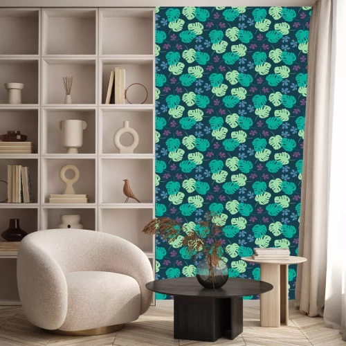 Tapete Tropisches nahtloses Muster mit exotischen Palmblättern und tropischer Blume. Hawaii-Stil. Vektor-Illustration.