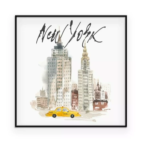 Poster Aquarell: New Yorker Wolkenkratzer mit einem gelben Taxi