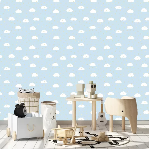 Tapete Kleine Wolken auf weißem Hintergrund mit Sternen