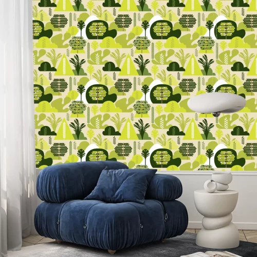 Tapete Nahtloses Muster. Tropischer Laubbaum in einer flachen Art. Erhaltung der Umwelt, Wälder. Park, im Freien. Vektor-Illustration.