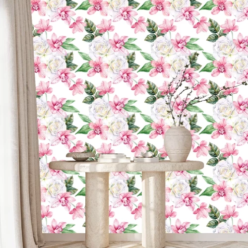 Tapete Rosa Orchideen und weiße Rosen