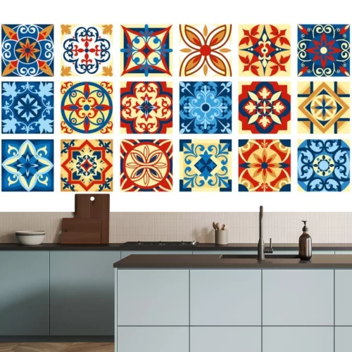 Sticker Vektor-Illustration Sammlung von Keramikfliesen in Retro-Farben. Eine Reihe von quadratischen Mustern im ethnischen Stil. Vektor-Illustration.