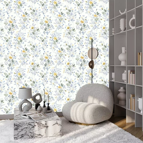 Tapete Gelbe und blaue Feldblumen