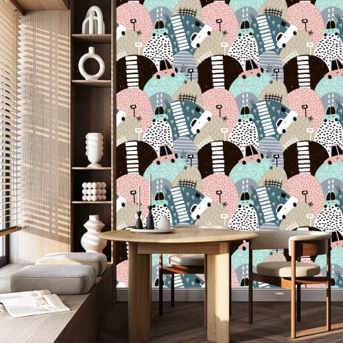 Tapete Nahtloses Muster mit Hand gezeichnetem nettem Auto und Hügeln. Karikaturautos, Verkehrsschild, Zebrastreifen-Vektorillustration. Perfekt für Kinder Stoff, Textil, Kinderzimmer Tapete