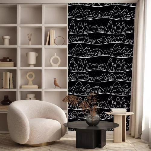 Tapete Winter süße Landschaft. Weihnachtsnahtloses Muster mit Rotwild, Bergen und Kiefern.