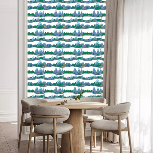 Tapete Winter süße Landschaft. Weihnachtsnahtloses Muster mit Rotwild, Bergen und Kiefern.