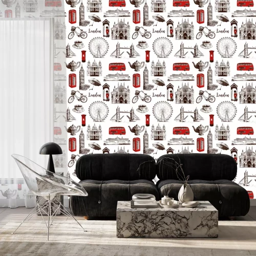 Tapete Gezeichnete nahtlose Musterskizze Londons Architektursymbolhand gezeichnete. Big Ben, Tower Bridge, roter Bus, Briefkasten, Telefonzelle, Wächter