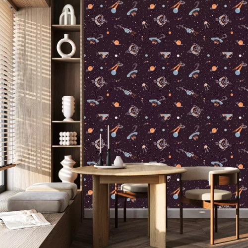 Tapete Nahtloses Muster des Raumvektors. Space Fabric Design mit Raketen, Planeten, Sternen und Satelliten.