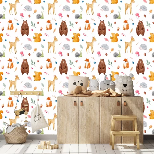 Tapete Kleine Aquarell Tiere aus dem Wald