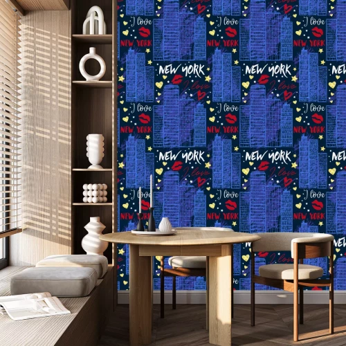 Tapete New York. Nahtloses Muster mit Wolkenkratzern, Küssen, Herzen und Sternen mit goldener Funkelnfoliebeschaffenheit. Vektor-Illustration