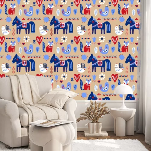 Tapete Skandinavisches nahtloses Volkskunstmuster. Nordischer Stil. Skandinavische Tiere. Vektor-Illustration.