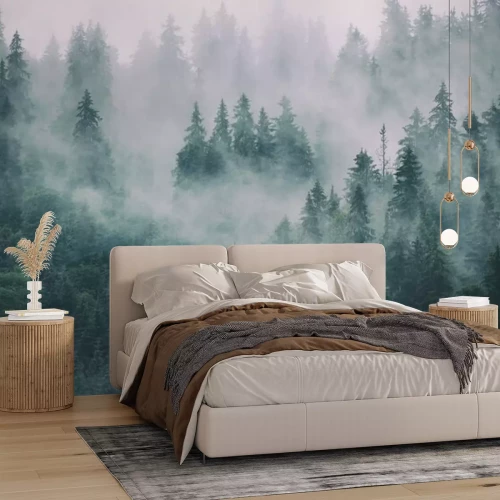 Fototapete Rosa nebel über dem wald