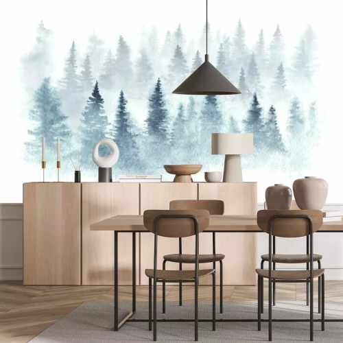 Sticker Winterwald in einem Nebel gemalt im Aquarell.