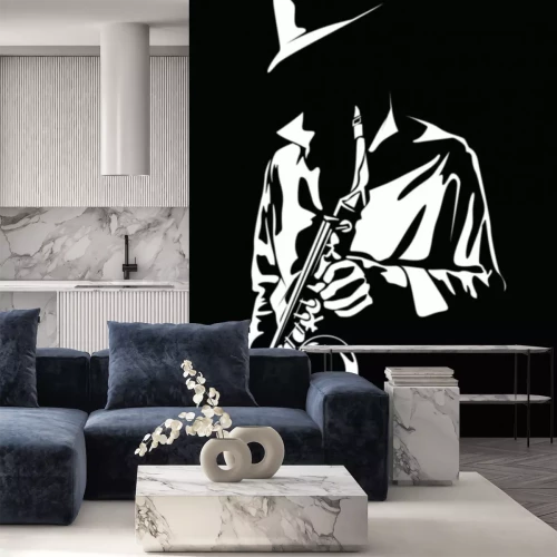 Sticker Schwarz-weiße Grafik, die einen Saxophonisten darstellt